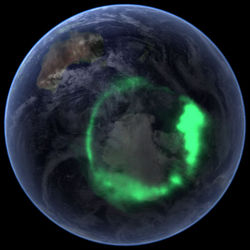Aurora australis (September 11, 2005) as captured by NASA's IMAGE satellite, digitally overlaid onto the Blue Marble composite image.